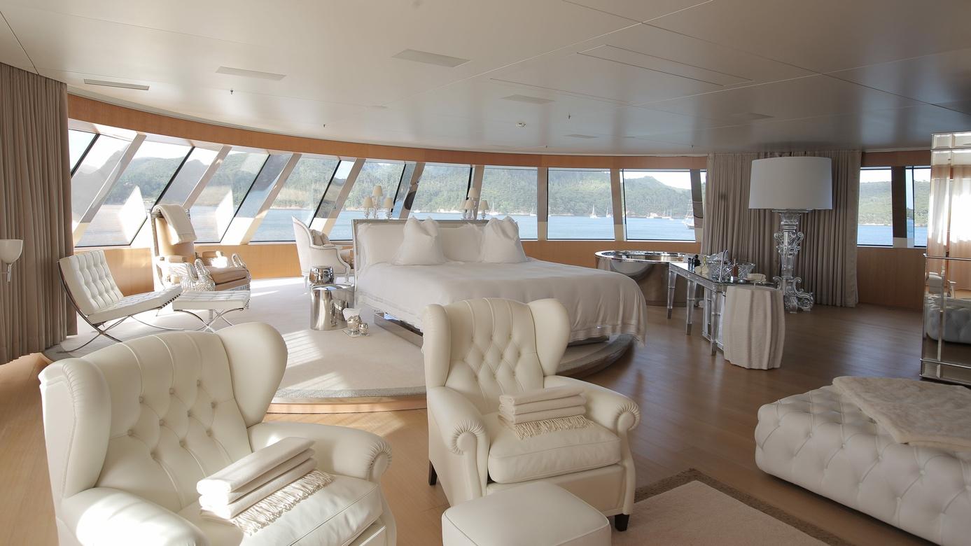 Inside the master suite cabin on board the world famous Motor Yacht A owned by billionaire industrialist Andrey Melnichenko