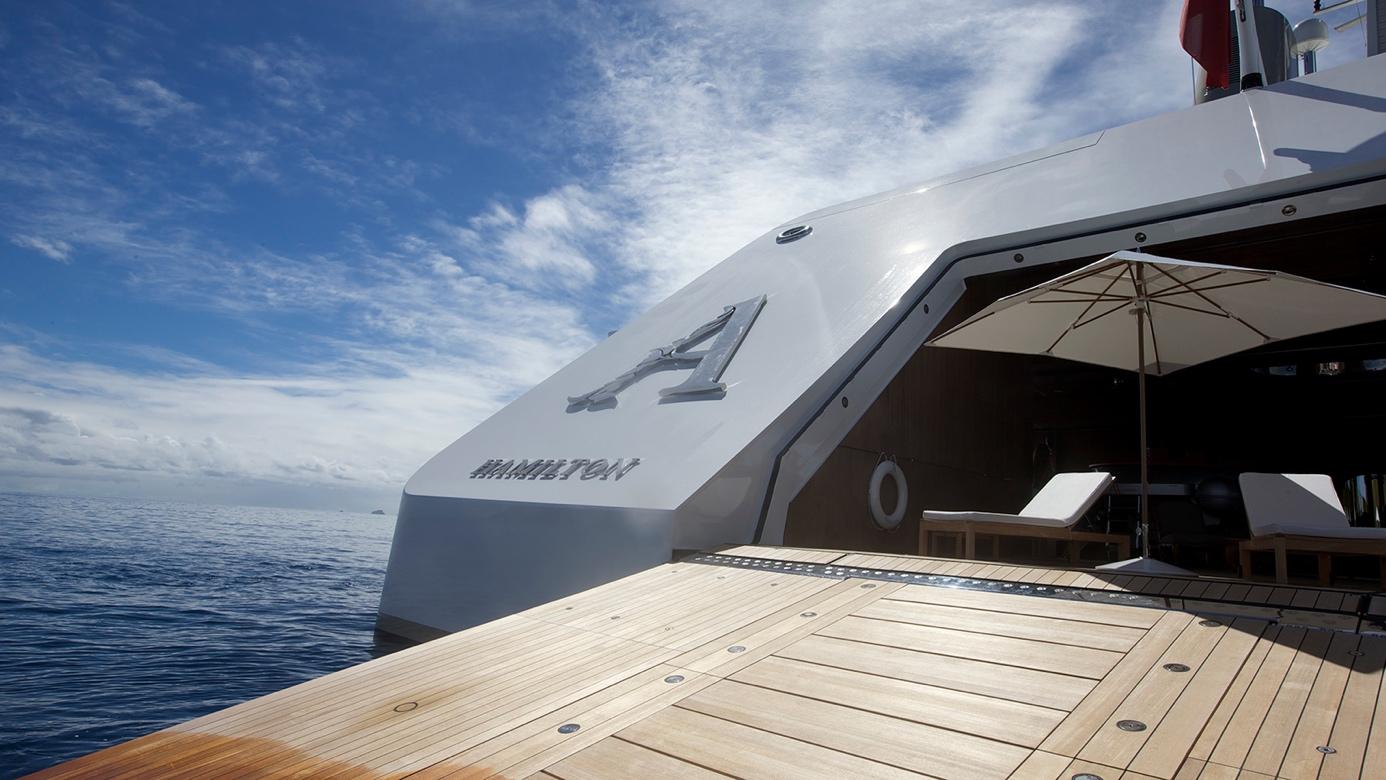 A beach club view of Blohm+Voss megayacht Motor Yacht A with designer Philippe Starck